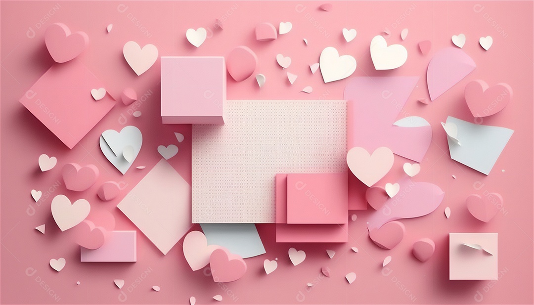 Belo banner horizontal com textura de papel de tons de rosa pastel decorado com corações, fundo de casamento Modelo de feliz dia dos namorados. Cores pastel vista frontal