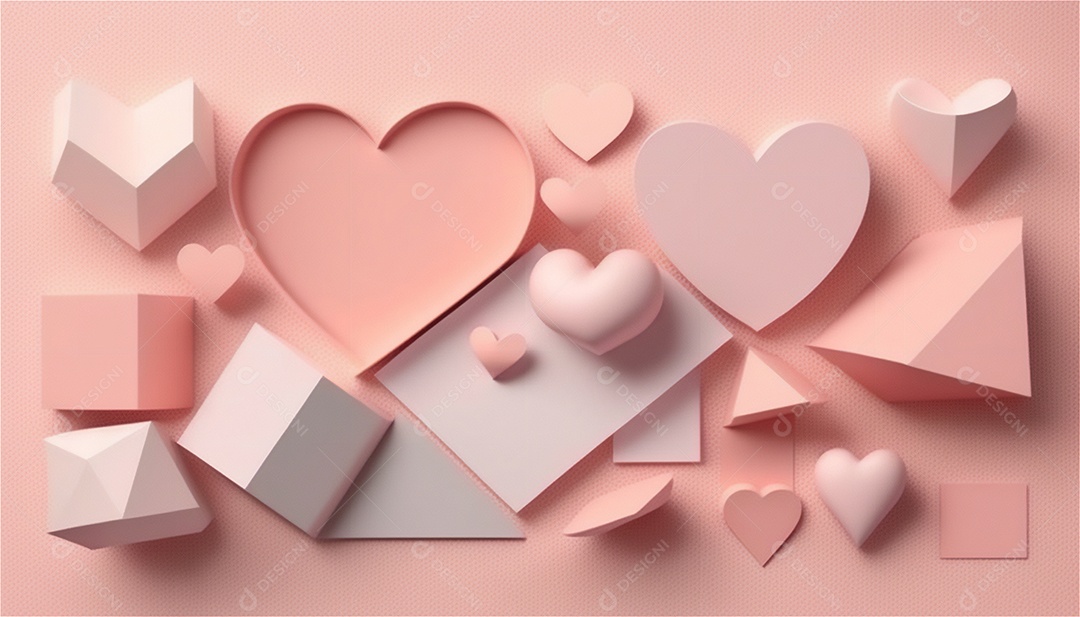 Belo banner horizontal com textura de papel de tons de rosa pastel decorado com corações, fundo de casamento Modelo de feliz dia dos namorados. Cores pastel vista frontal