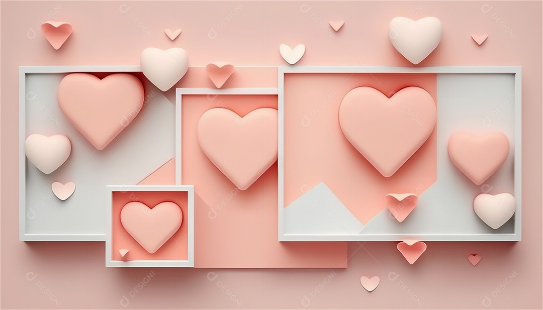 Belo banner horizontal com textura de papel de tons de rosa pastel decorado com corações, fundo de casamento Modelo de feliz dia dos namorados. Cores pastel vista frontal