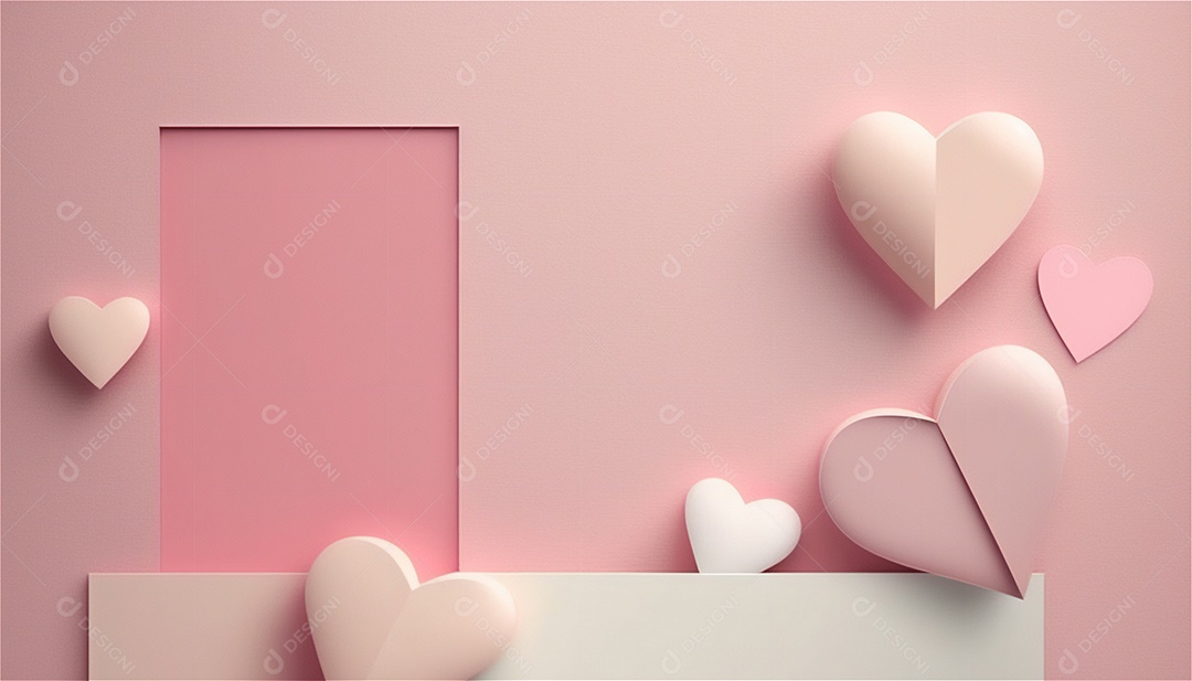 Belo banner horizontal com textura de papel de tons de rosa pastel decorado com corações, fundo de casamento Modelo de feliz dia dos namorados. Cores pastel vista frontal