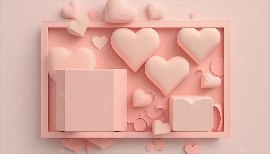 Belo banner horizontal com textura de papel de tons de rosa pastel decorado com corações, fundo de casamento Modelo de feliz dia dos namorados. Cores pastel vista frontal