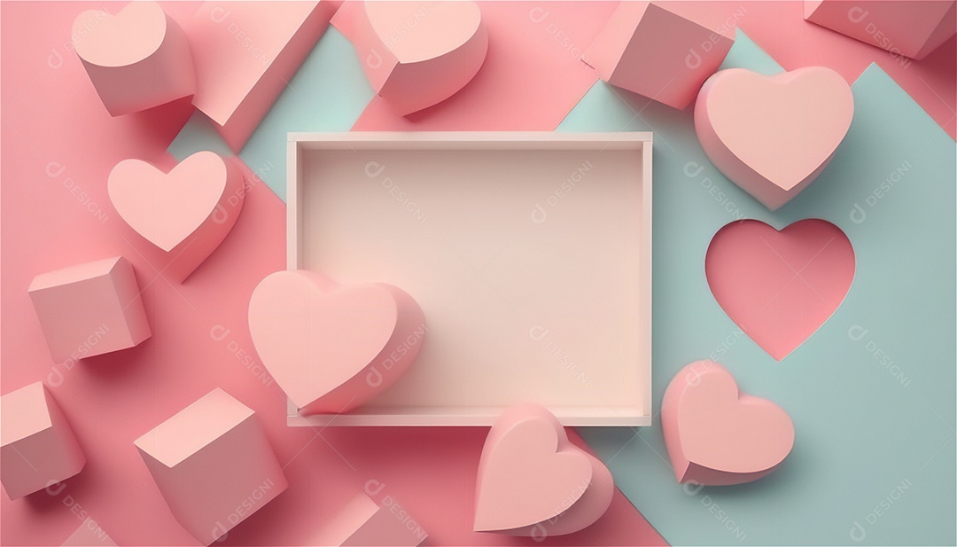 Belo banner horizontal com textura de papel de tons de rosa pastel decorado com corações, fundo de casamento Modelo de feliz dia dos namorados. Cores pastel vista frontal