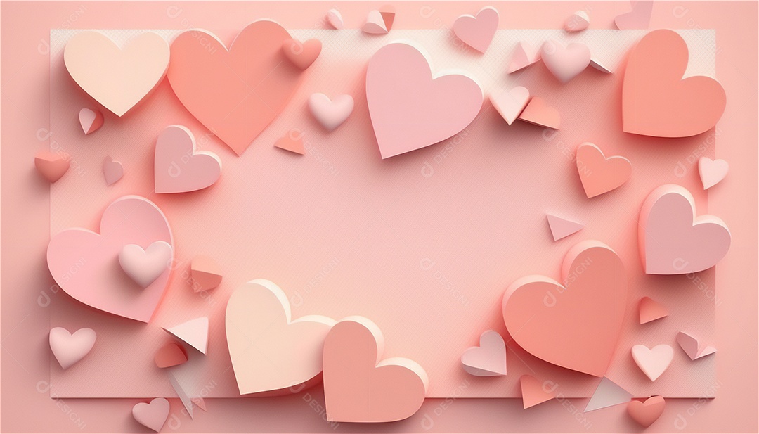 Belo banner horizontal com textura de papel de tons de rosa pastel decorado com corações, fundo de casamento Modelo de feliz dia dos namorados. Cores pastel vista frontal