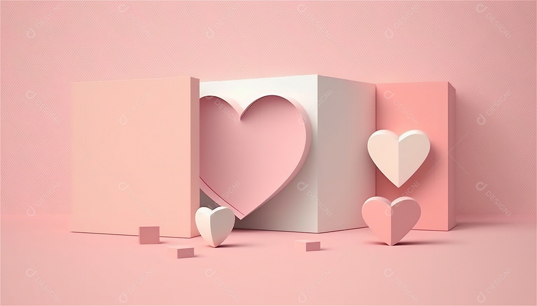 Belo banner horizontal com textura de papel de tons de rosa pastel decorado com corações, fundo de casamento Modelo de feliz dia dos namorados. Cores pastel vista frontal