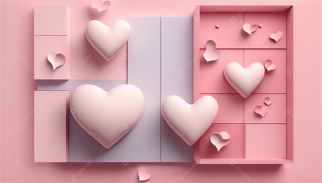 Belo banner horizontal com textura de papel de tons de rosa pastel decorado com corações, fundo de casamento Modelo de feliz dia dos namorados. Cores pastel vista frontal