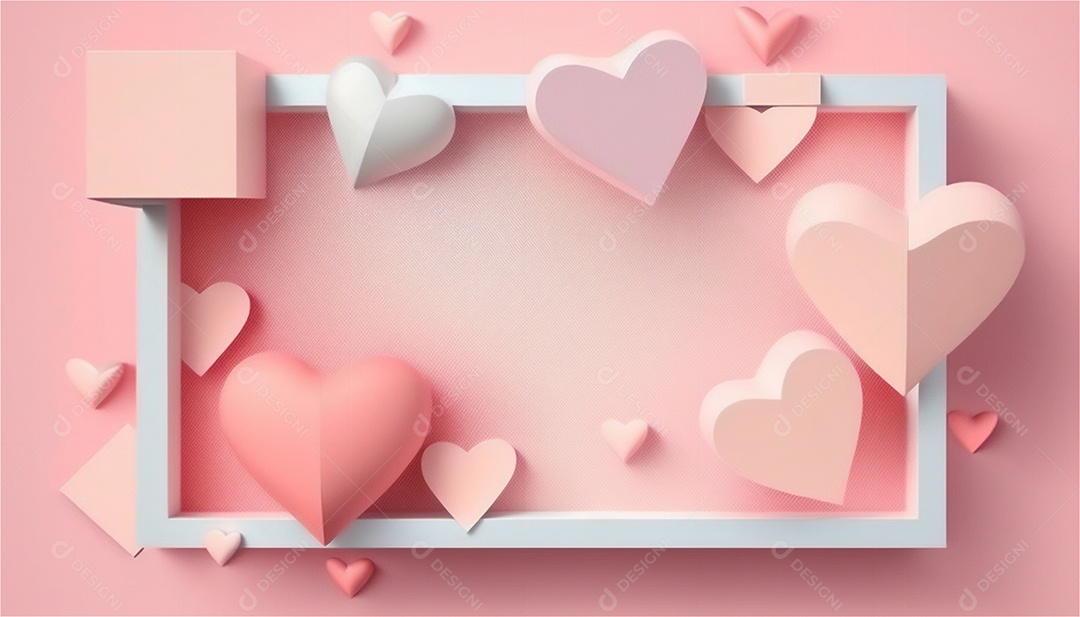 Belo banner horizontal com textura de papel de tons de rosa pastel decorado com corações, fundo de casamento Modelo de feliz dia dos namorados. Cores pastel vista frontal