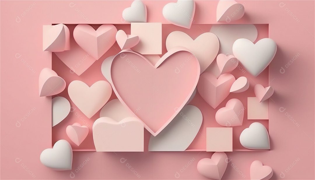 Belo banner horizontal com textura de papel de tons de rosa pastel decorado com corações, fundo de casamento Modelo de feliz dia dos namorados. Cores pastel vista frontal