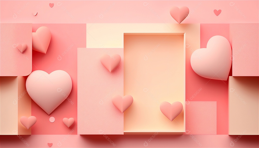 Belo banner horizontal com textura de papel de tons de rosa pastel decorado com corações, fundo de casamento Modelo de feliz dia dos namorados. Cores pastel vista frontal