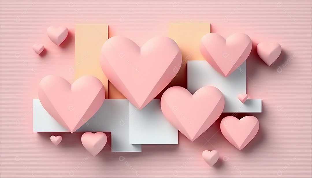 Belo banner horizontal com textura de papel de tons de rosa pastel decorado com corações, fundo de casamento Modelo de feliz dia dos namorados. Cores pastel vista frontal