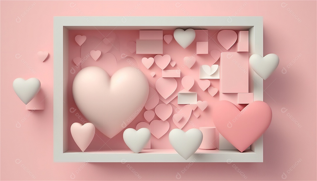 Belo banner horizontal com textura de papel de tons de rosa pastel decorado com corações, fundo de casamento Modelo de feliz dia dos namorados. Cores pastel vista frontal