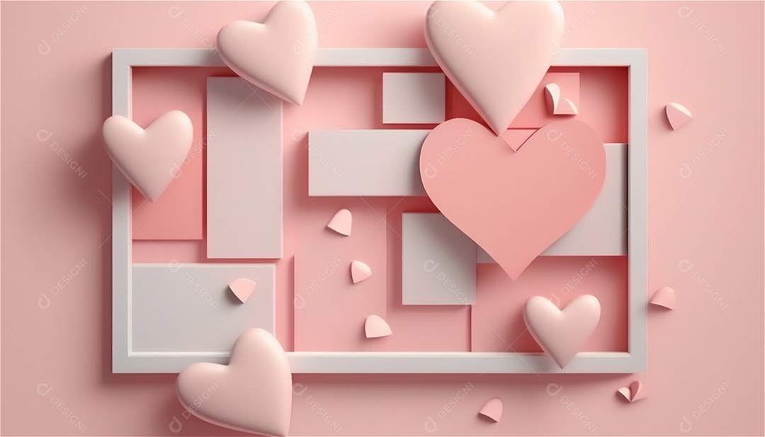 Belo banner horizontal com textura de papel de tons de rosa pastel decorado com corações, fundo de casamento Modelo de feliz dia dos namorados. Cores pastel vista frontal