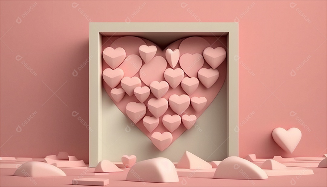 Belo banner horizontal com textura de papel de tons de rosa pastel decorado com corações, fundo de casamento Modelo de feliz dia dos namorados. Cores pastel vista frontal