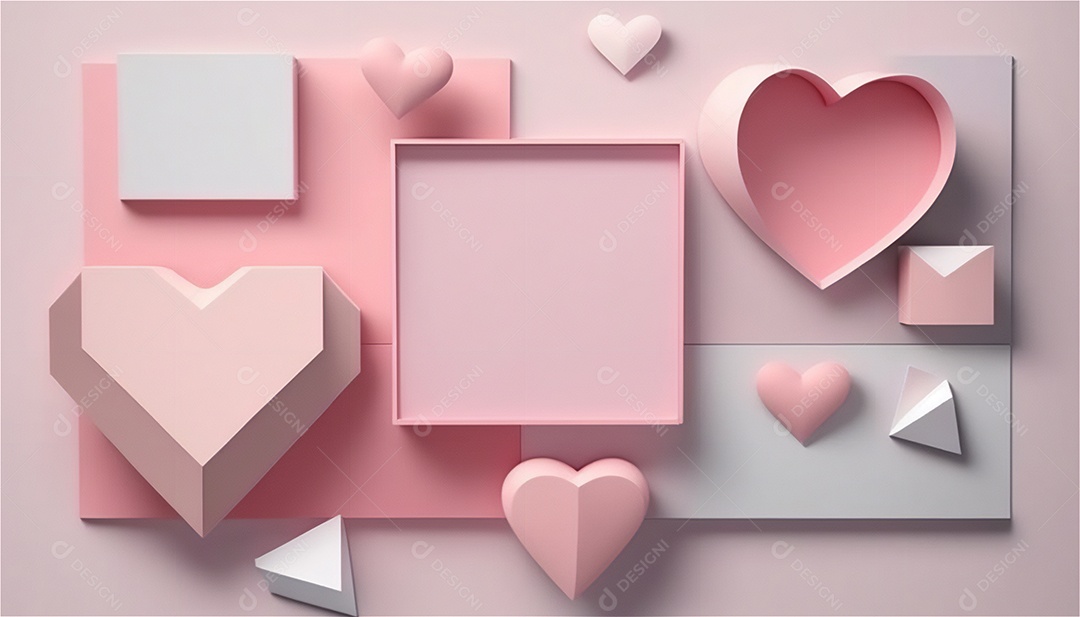 Belo banner horizontal com textura de papel de tons de rosa pastel decorado com corações, fundo de casamento Modelo de feliz dia dos namorados. Cores pastel vista frontal