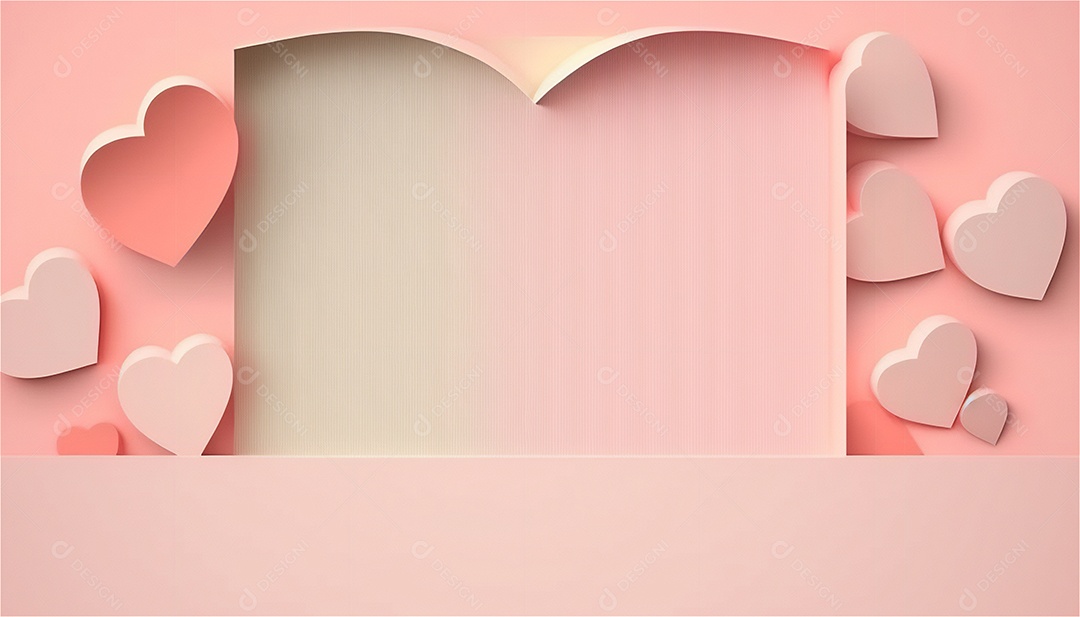 Belo banner horizontal com textura de papel de tons de rosa pastel decorado com corações, fundo de casamento Modelo de feliz dia dos namorados. Cores pastel vista frontal