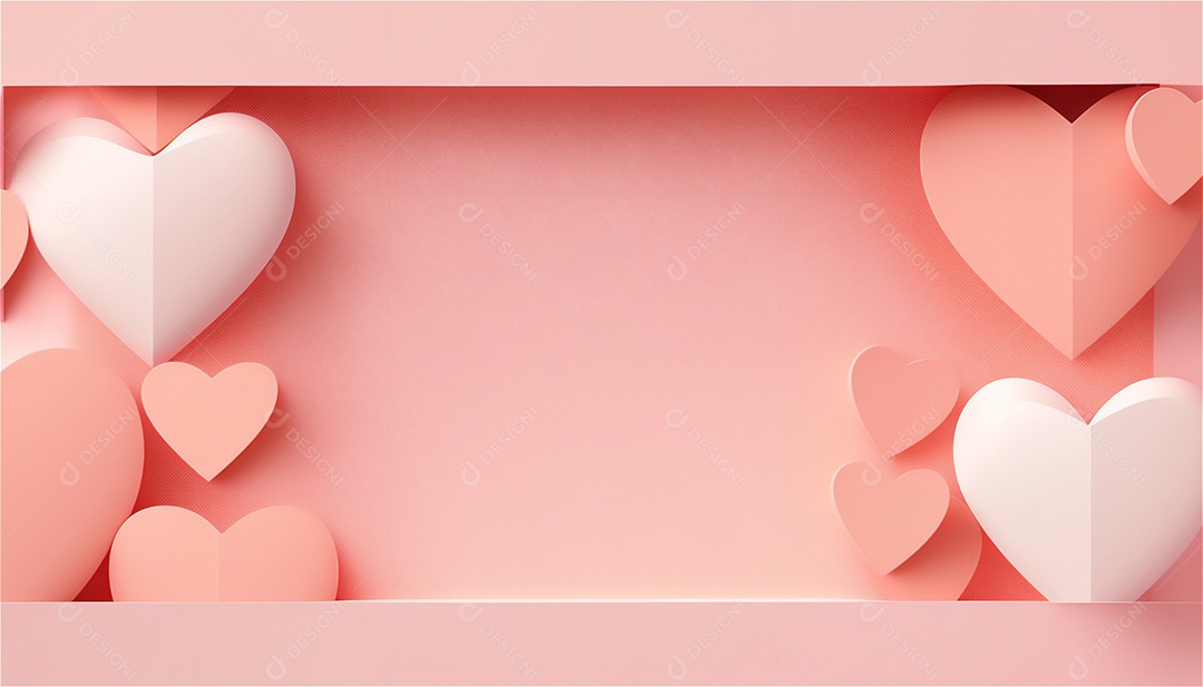 Belo banner horizontal com textura de papel de tons de rosa pastel decorado com corações, fundo de casamento Modelo de feliz dia dos namorados. Cores pastel vista frontal