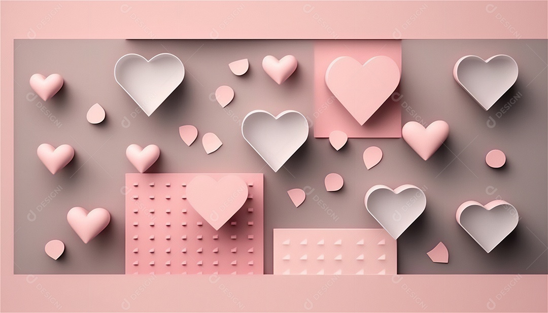 Belo banner horizontal com textura de papel de tons de rosa pastel decorado com corações, fundo de casamento Modelo de feliz dia dos namorados. Cores pastel vista frontal