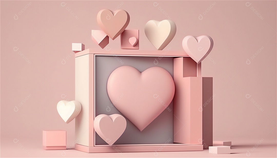 Belo banner horizontal com textura de papel de tons de rosa pastel decorado com corações, fundo de casamento Modelo de feliz dia dos namorados. Cores pastel vista frontal