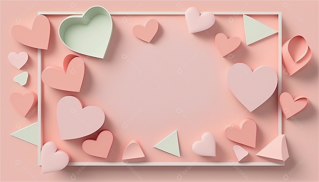 Belo banner horizontal com textura de papel de tons de rosa pastel decorado com corações, fundo de casamento Modelo de feliz dia dos namorados. Cores pastel vista frontal