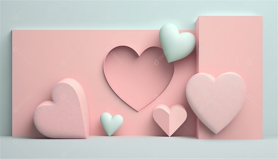 Belo banner horizontal com textura de papel de tons de rosa pastel decorado com corações, fundo de casamento Modelo de feliz dia dos namorados. Cores pastel vista frontal