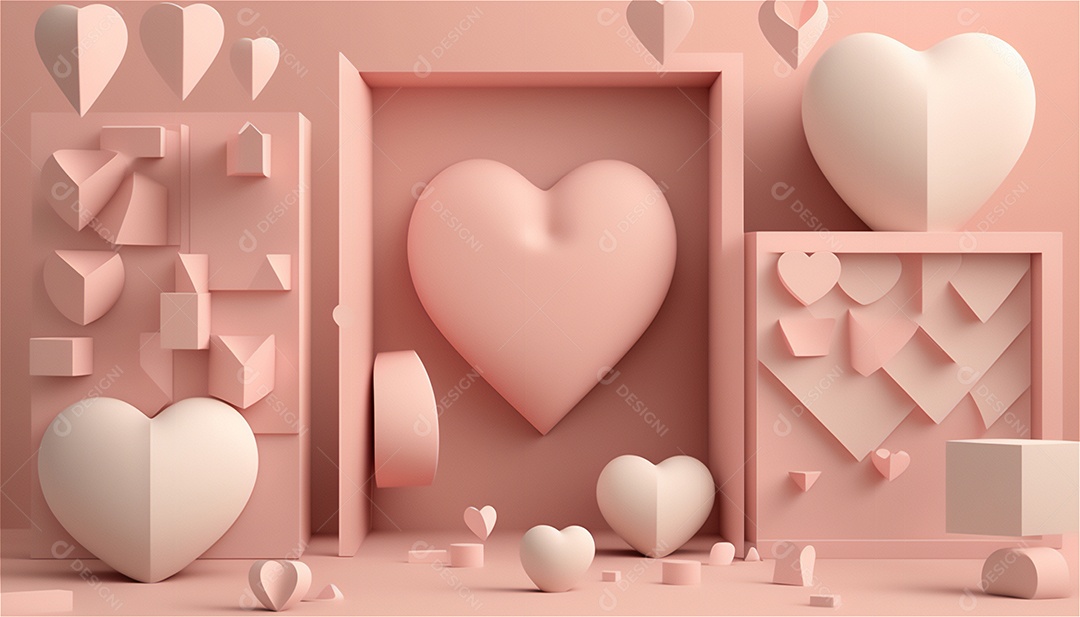 Belo banner horizontal com textura de papel de tons de rosa pastel decorado com corações, fundo de casamento Modelo de feliz dia dos namorados. Cores pastel vista frontal