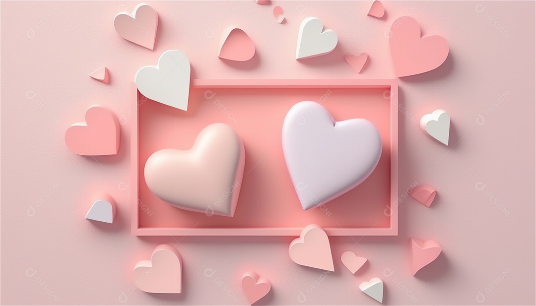 Belo banner horizontal com textura de papel de tons de rosa pastel decorado com corações, fundo de casamento Modelo de feliz dia dos namorados. Cores pastel vista frontal