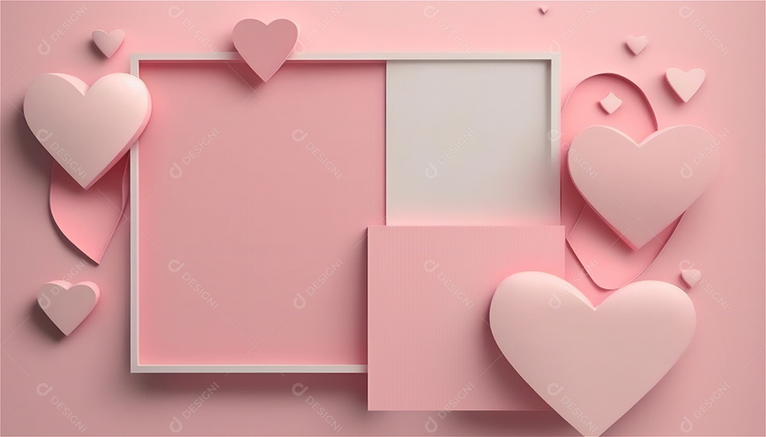 Belo banner horizontal com textura de papel de tons de rosa pastel decorado com corações, fundo de casamento Modelo de feliz dia dos namorados. Cores pastel vista frontal