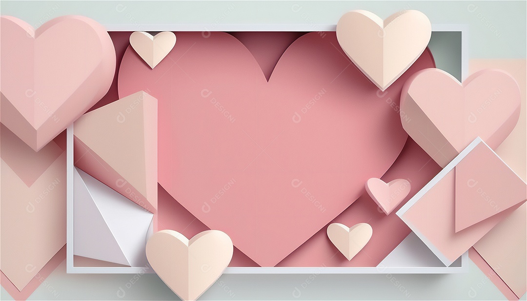 Belo banner horizontal com textura de papel de tons de rosa pastel decorado com corações, fundo de casamento Modelo de feliz dia dos namorados. Cores pastel vista frontal