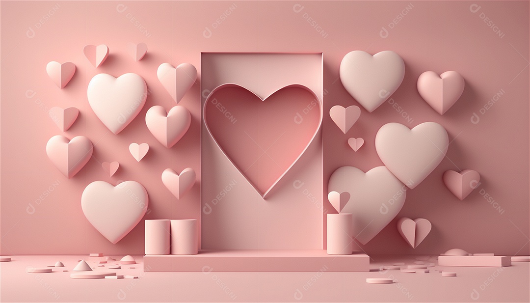 Belo banner horizontal com textura de papel de tons de rosa pastel decorado com corações, fundo de casamento Modelo de feliz dia dos namorados. Cores pastel vista frontal