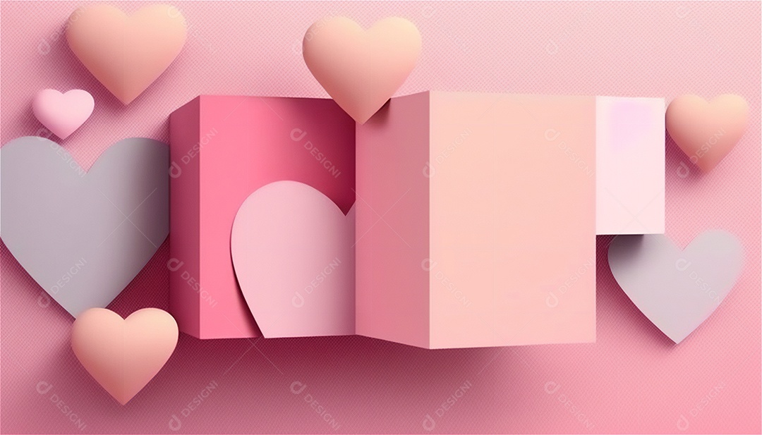 Belo banner horizontal com textura de papel de tons de rosa pastel decorado com corações, fundo de casamento Modelo de feliz dia dos namorados. Cores pastel vista frontal