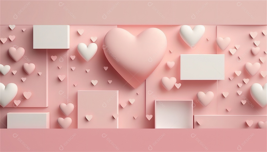 Belo banner horizontal com textura de papel de tons de rosa pastel decorado com corações, fundo de casamento Modelo de feliz dia dos namorados. Cores pastel vista frontal