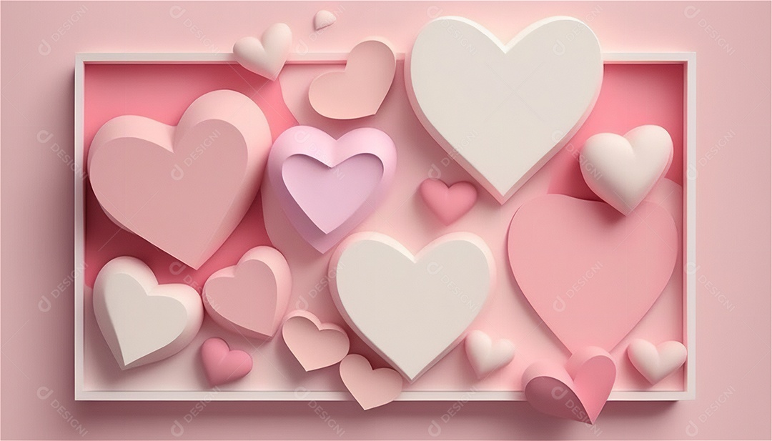 Belo banner horizontal com textura de papel de tons de rosa pastel decorado com corações, fundo de casamento Modelo de feliz dia dos namorados. Cores pastel vista frontal