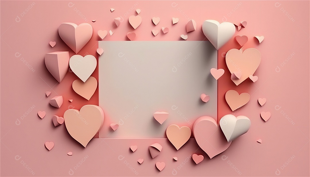 Belo banner horizontal com textura de papel de tons de rosa pastel decorado com corações, fundo de casamento Modelo de feliz dia dos namorados. Cores pastel vista frontal