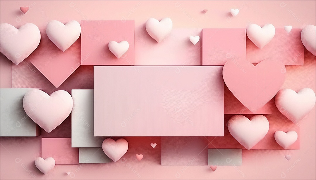 Belo banner horizontal com textura de papel de tons de rosa pastel decorado com corações, fundo de casamento Modelo de feliz dia dos namorados. Cores pastel vista frontal