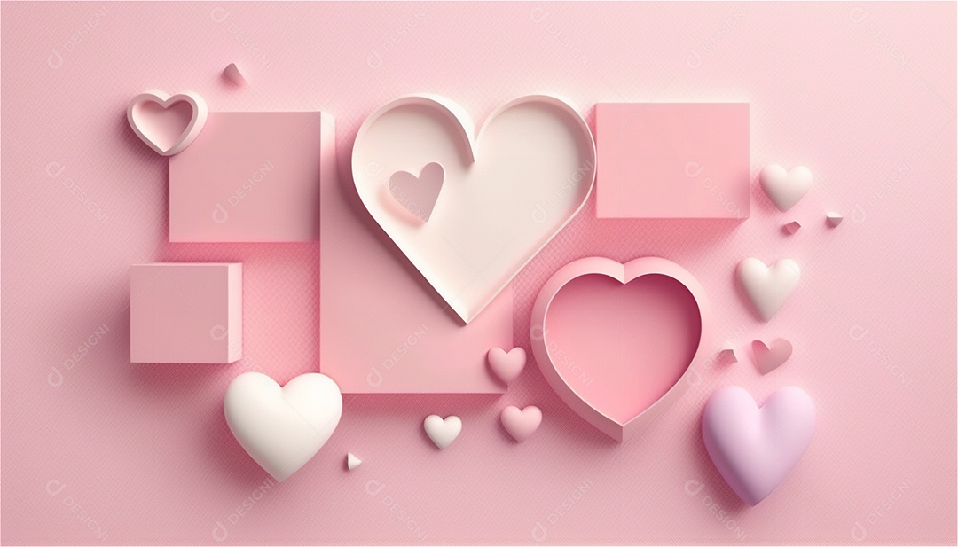 Belo banner horizontal com textura de papel de tons de rosa pastel decorado com corações, fundo de casamento Modelo de feliz dia dos namorados. Cores pastel vista frontal