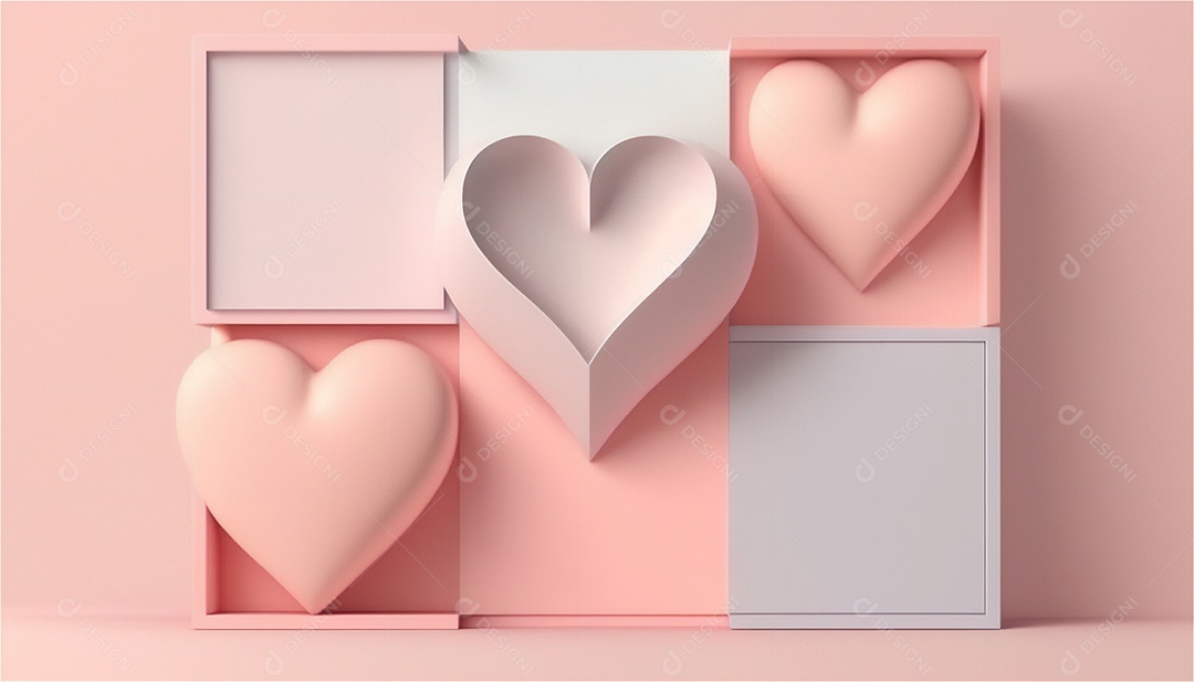 Belo banner horizontal com textura de papel de tons de rosa pastel decorado com corações, fundo de casamento Modelo de feliz dia dos namorados. Cores pastel vista frontal