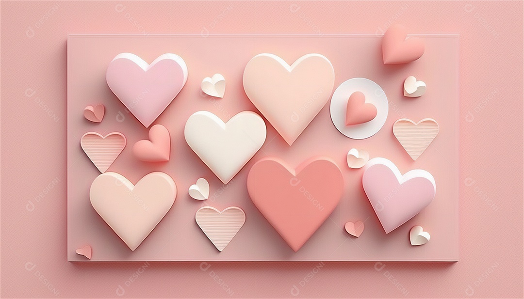 Belo banner horizontal com textura de papel de tons de rosa pastel decorado com corações, fundo de casamento Modelo de feliz dia dos namorados. Cores pastel vista frontal