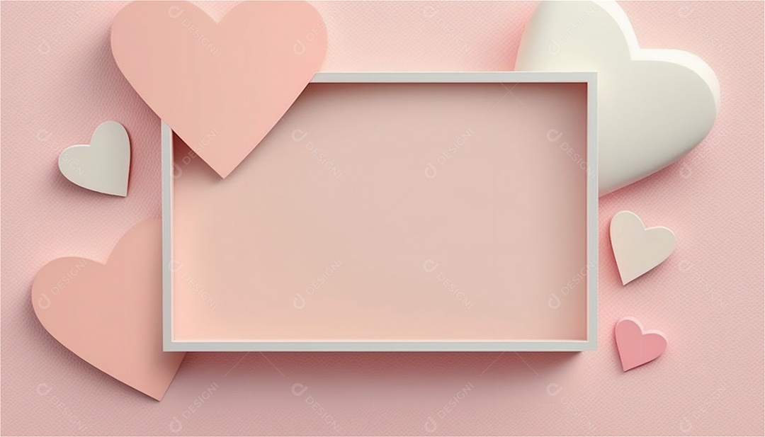 Belo banner horizontal com textura de papel de tons de rosa pastel decorado com corações, fundo de casamento Modelo de feliz dia dos namorados. Cores pastel vista frontal
