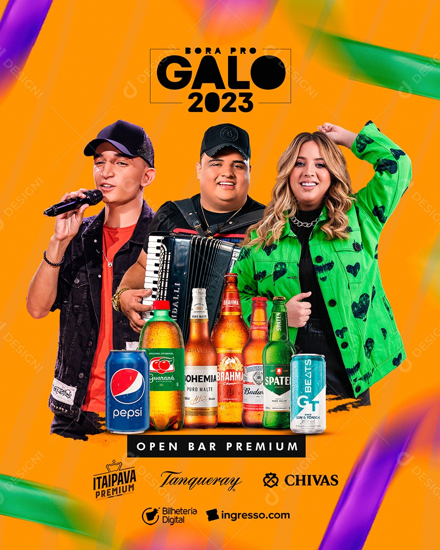 Bora Pro Galo 2023 Open Bar Premium João Gomes Tarcísio do Acordeon Mari Fernandez Flyer Carnival Social Media PSD Editable