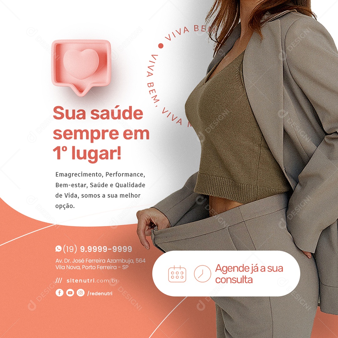 Sua Saúde Sempre em 1 Lugar Nutricionista Social Media PSD Editável
