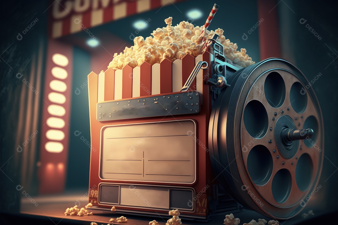 Balde de pipoca gigante com rolo de filme na entrada do cinema para o conceito de sala de cinema