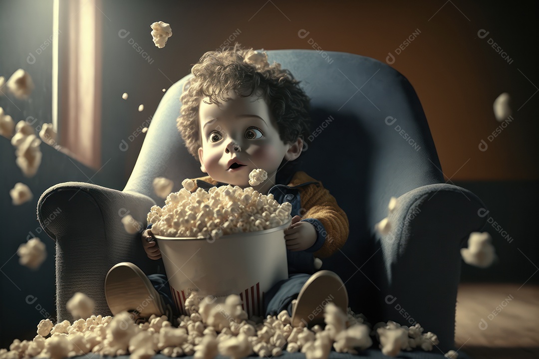 Crianças com balde gigante de pipoca em cima da cadeira do cinema assistindo a um filme. Conceito de cinema