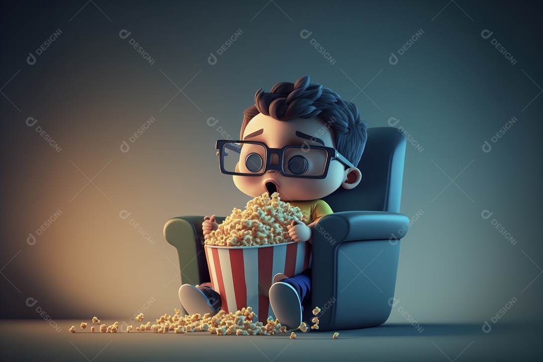 Crianças com balde gigante de pipoca em cima da cadeira do cinema assistindo a um filme. Conceito de cinema