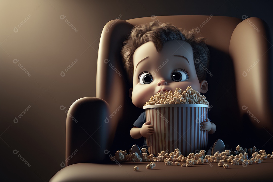 Crianças com balde gigante de pipoca em cima da cadeira do cinema assistindo a um filme. Conceito de cinema