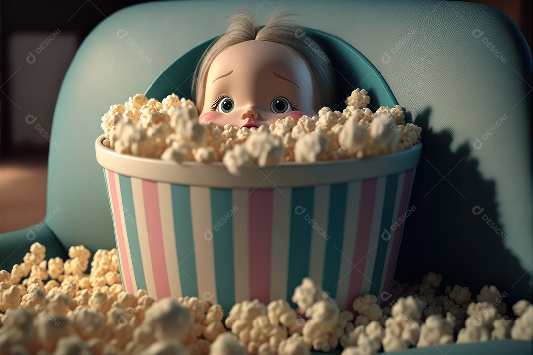 Crianças com balde gigante de pipoca em cima da cadeira do cinema assistindo a um filme. Conceito de cinema