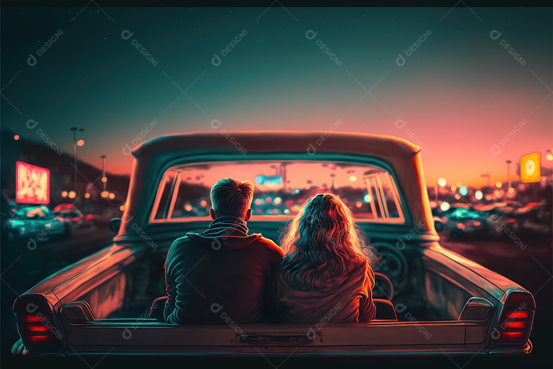 Casal em um carro assistindo a um filme em uma tela grande de cinema ao ar livre, para o conceito de cinema