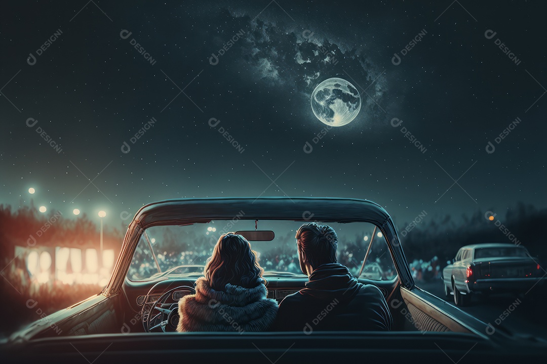 Casal em um carro assistindo a um filme em uma tela grande de cinema ao ar livre, para o conceito de cinema
