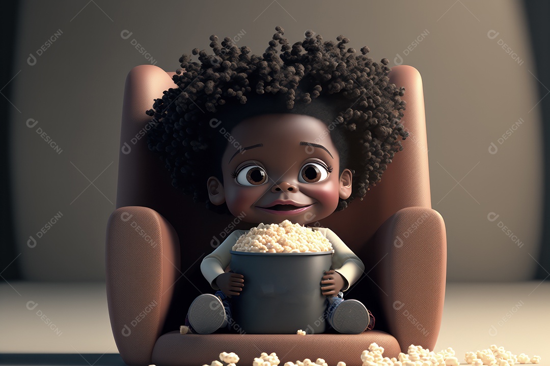 Crianças com balde gigante de pipoca em cima da cadeira do cinema assistindo a um filme. Conceito de cinema