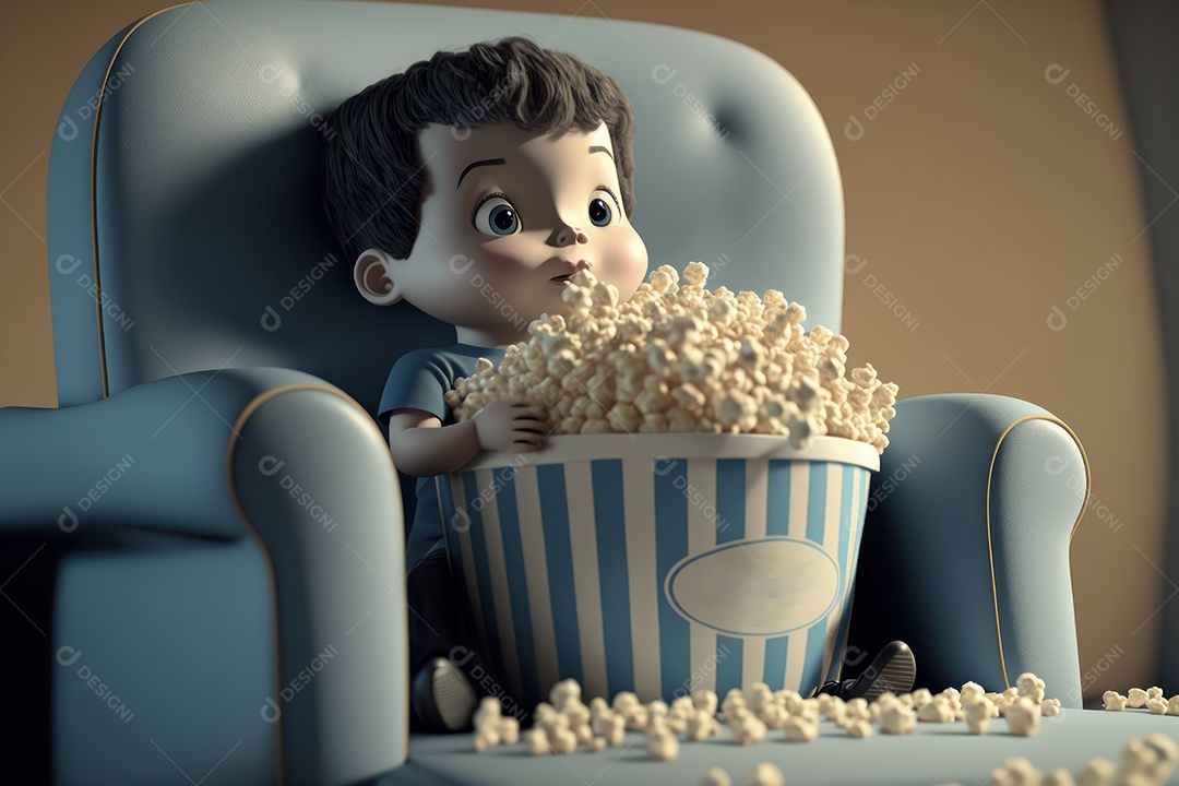 Crianças com balde gigante de pipoca em cima da cadeira do cinema assistindo a um filme. Conceito de cinema