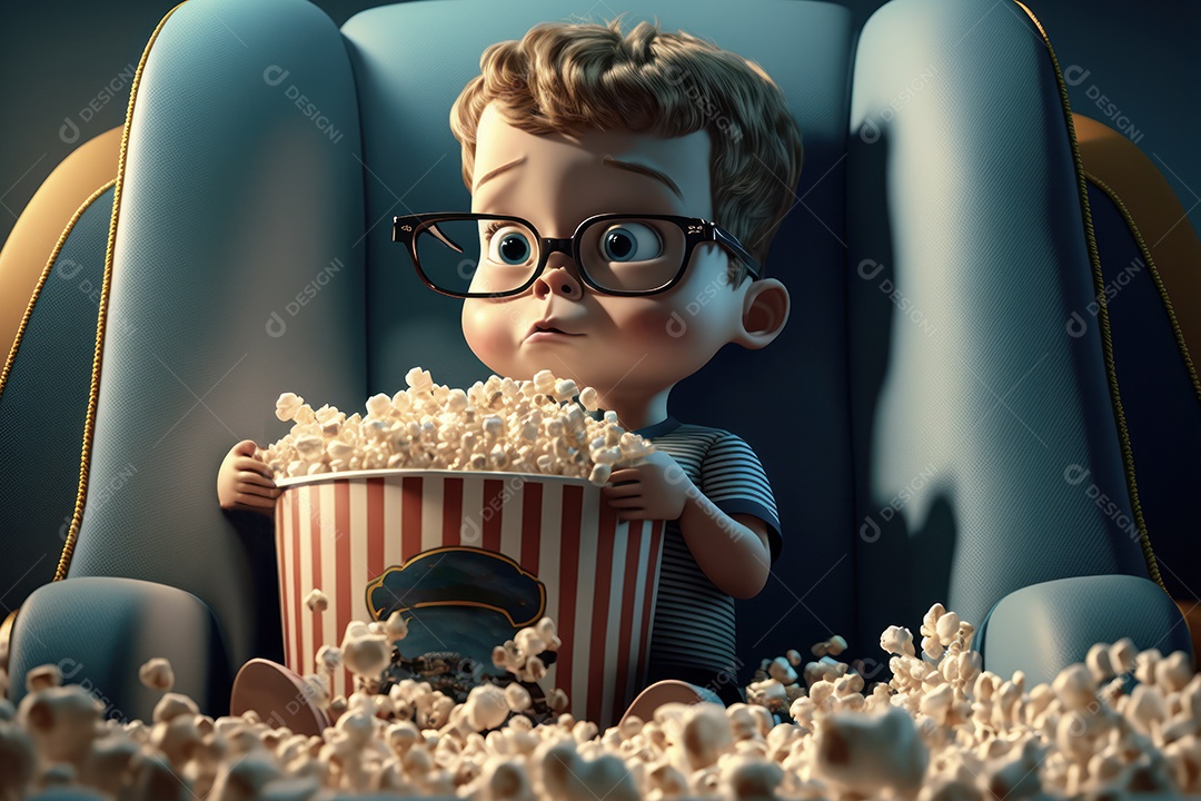 Crianças com balde gigante de pipoca em cima da cadeira do cinema assistindo a um filme. Conceito de cinema