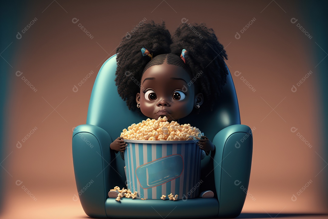 Crianças com balde gigante de pipoca em cima da cadeira do cinema assistindo a um filme. Conceito de cinema